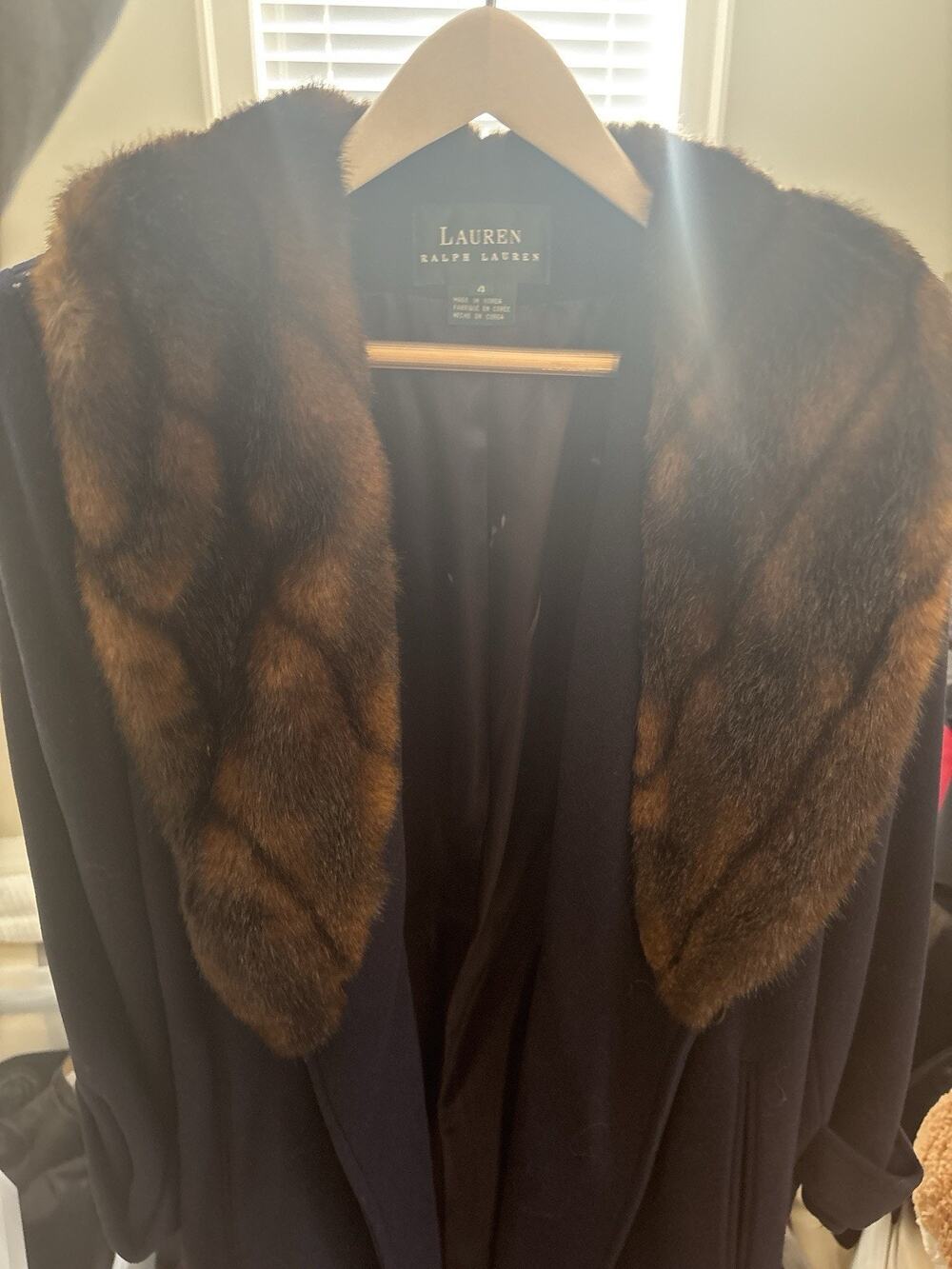 Lauren Ralph Lauren Belted Wool Wrap Coat Faux Fur Collar Navy Womens 4